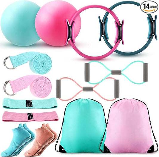 Poen Home Pilates Kit for Women Pilates Equipment Ring and Ball Set with Stretching Strap 8 Resistance Bands Non Slip Socks Gym Back Bags Exercise Equipment for Workout