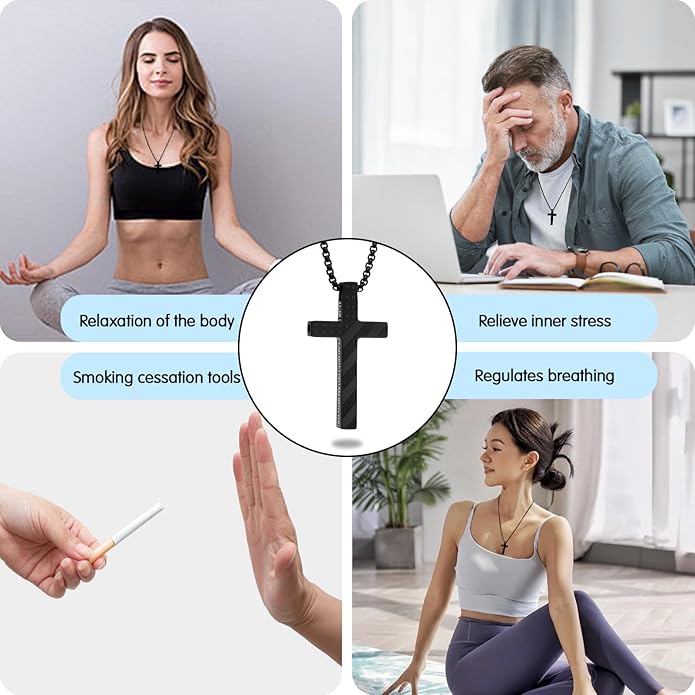 American Flag Cross Breathing Necklace for Women Men Quit Stop Smoking Stainless Steel Inspirational Bible Verse Anxiety Relief Mindfulness Jewelry for Stress Relief Christian Meditation Gift