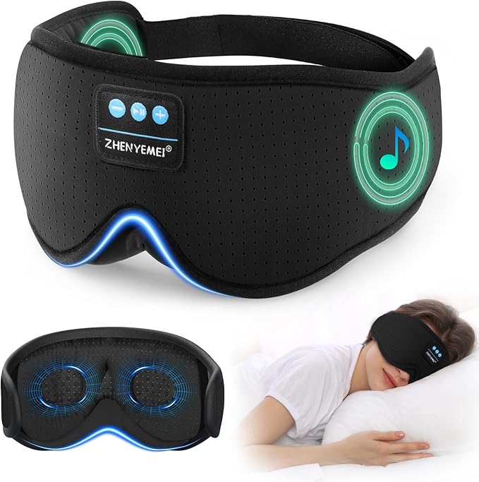 3D Sleep Mask with Bluetooth Headphones, Breathable Cotton Sleeping Headphones for Side Sleepers, Wireless Music Eye Mask with Timer, Gifts for Men Women, Black