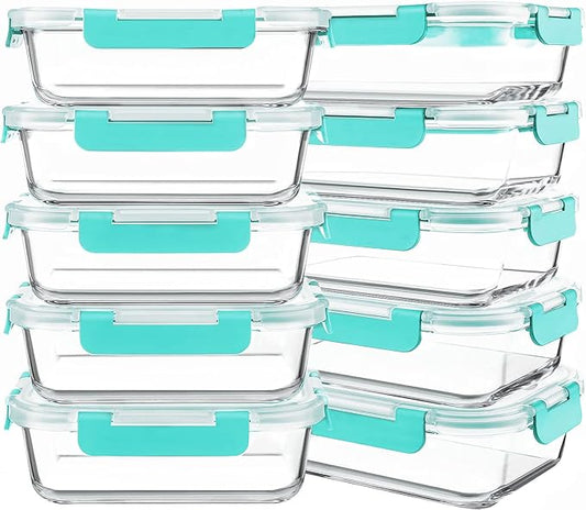 KOMUEE 10 Packs 30 oz Glass Meal Prep Containers,Glass Food Storage Containers with Lids,Airtight Glass Lunch Bento Boxes, Microwave, Oven, Freezer and Dishwasher,Green