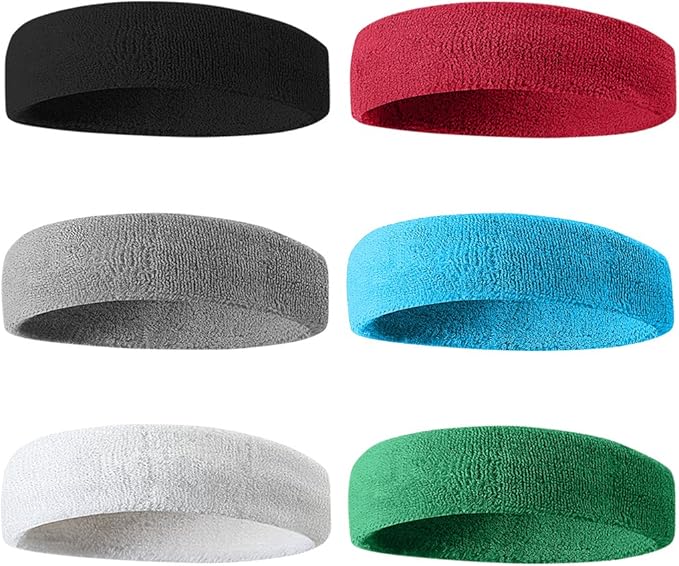 BEACE Sweatbands Sports Headband for Men & Women - 6PCS Moisture Wicking Athletic Cotton Terry Cloth Sweatband for Tennis, Basketball, Running, Gym, Working Out