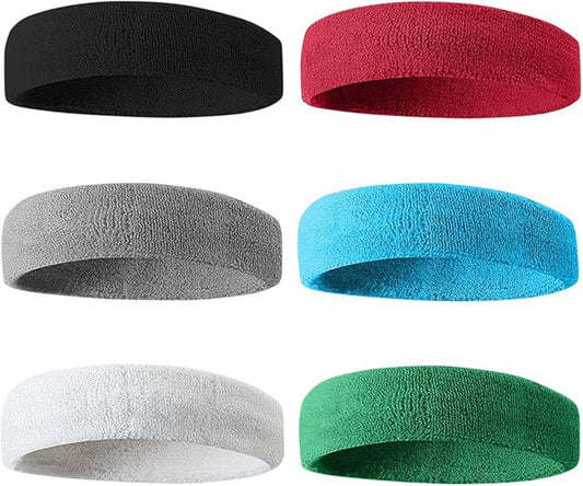 BEACE Sweatbands Sports Headband for Men & Women - 6PCS Moisture Wicking Athletic Cotton Terry Cloth Sweatband for Tennis, Basketball, Running, Gym, Working Out