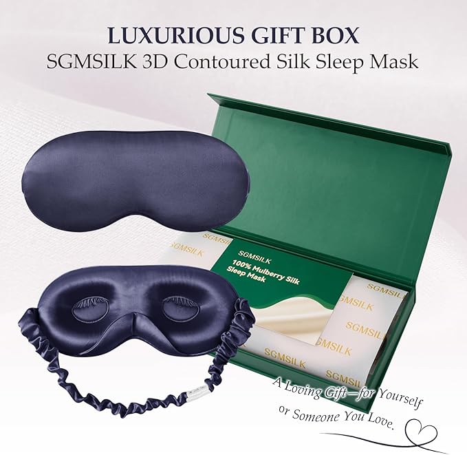 100% 22 Momme Mulberry Silk Sleep Mask with Adjustable Strap, 3D Contoured Cup Silk Eye Mask for Sleeping, Total Black Out, Navy Bule