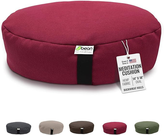 Bean Products Hemp Zafu Meditation Cushion for Sitting on Floor, Hemp Yoga Pillow, Zafu Meditation Pillow, Zen Seiza Kneeling Prayer Pad Support - Made in USA - Oval Cranberry