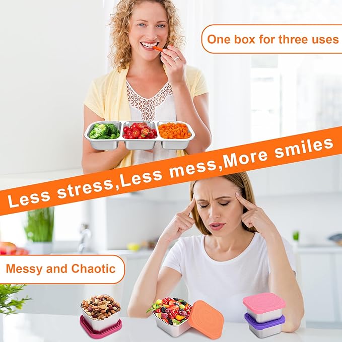 4 Pack Stainless Steel Snack Containers, 3 Compartment Food Container, Compartment Food Storage Box with Lids, Stackable Leakproof Divided Lunch Containers for Kids, Adults for School, Work, Travel