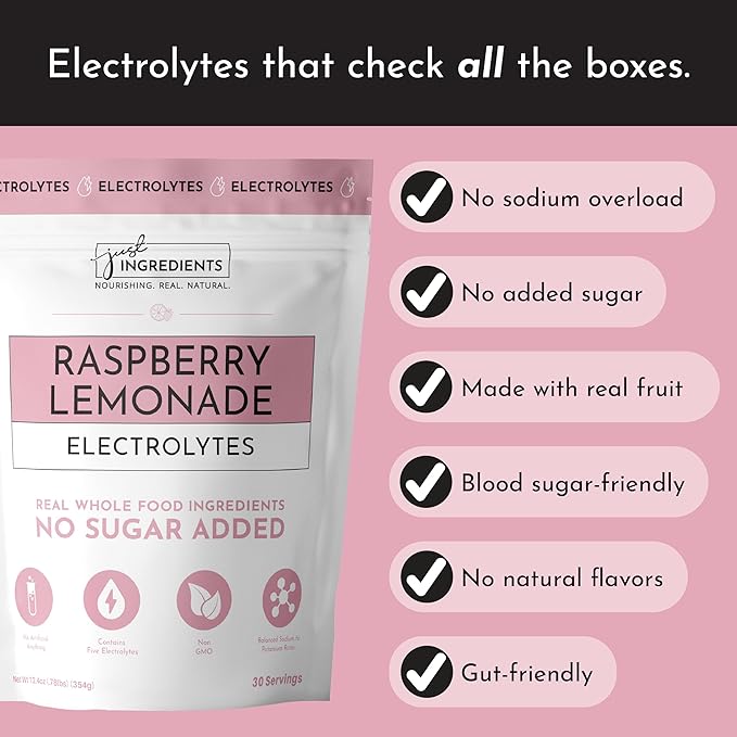 Raspberry Lemonade Electrolytes – 30‑Serving Hydration Drink Mix with Coconut Water, Essential Minerals & Real Fruit Flavors – Sweetened with Monk Fruit & Stevia – No Artificial Ingredients