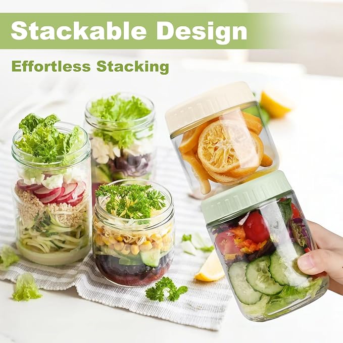 Overnight Oats Containers with Lids, 16oz Glass Jars with Lids 8 pcs, Wide Mouth Mason jars for Salad, Yogurt, Snacks, Meal Prep