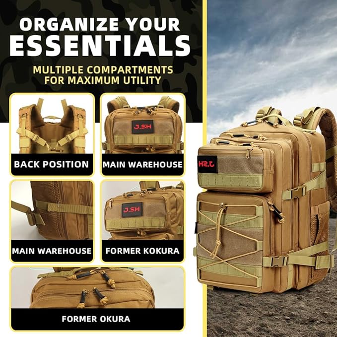 J.SH 45L Large Capacity 3-Day Tactical Backpack, Waterproof & Tear-Resistant, MOLLE System, Adjustable Straps (chest strap and waist strap), Hiking Backpack for Men & Women - Khaki
