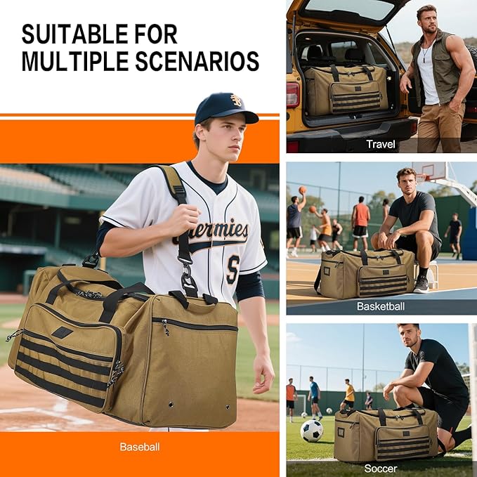 125L Extra Large Gym Duffle Bag for Men Women with Shoes Compartment Heavy Duty Tactical Sports Duffel Bag Big Football Baseball Basketball Soccer Hockey Team Equipment Bag, Brown