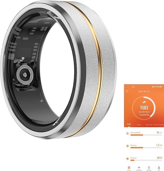 Fitness Tracker Smart Ring,Step Counter,Heart Rate Blood Oxygen Sleep Tracker Health Ring, 6ATM Waterproof Long Battery Life Smart Rings Compatible with IOS & Android （Silver with Middle Gold US11）