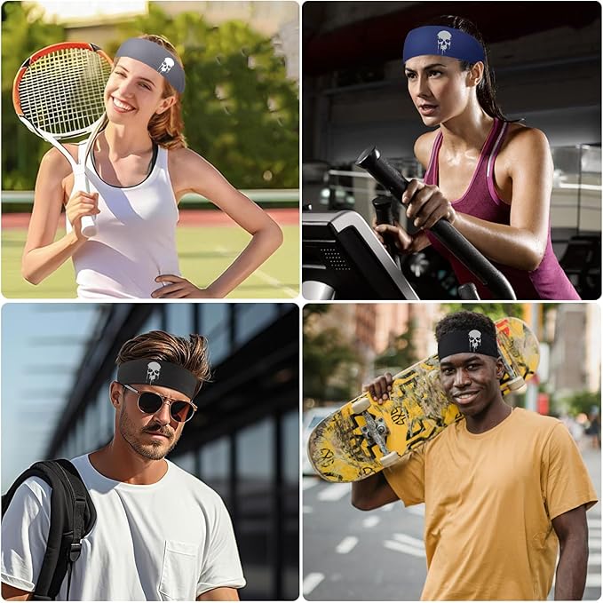 3pcs Sports Sweat Bands Headbands for Men Sweatbands Skull Workout Cooling Headbands for Men Women Running Headband Hairband Elastic Men's Head Sweat Band for Football