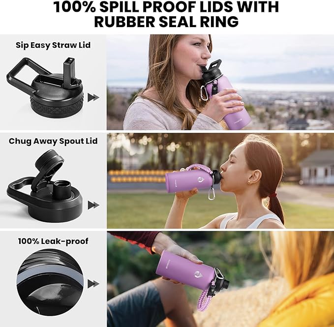 Insulated Water Bottle 32 oz, Triple Wall Vacuum Stainless Steel (Cold for 48 Hrs), Leak Proof & Non-BPA, Modern Water Flask Jug with Paracord Handle & Straw Spout Lids, Lilac