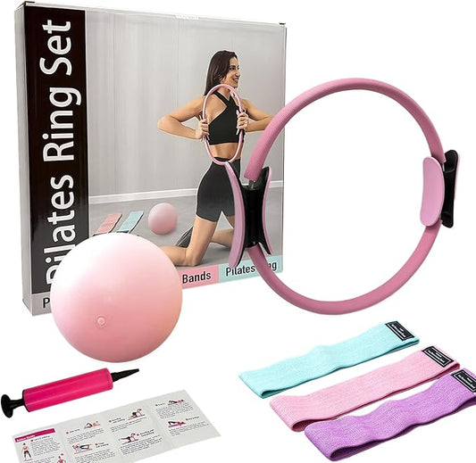 Pilates Ring Kit with Mini Ball & 3 Resistance Bands, at Home Pilates Equipment Set for Toning, Strength & Core Work, 15'' Magic Circle & 3-Level Bands