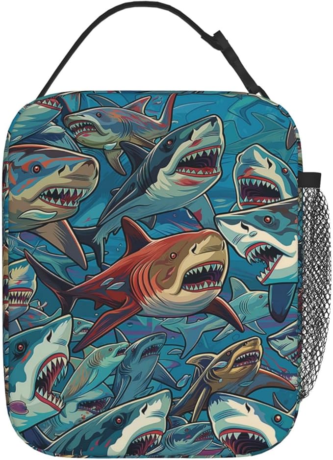 Cool Cartoon Shark Print Insulated Lunch Box Gifts for Kids Adults Colorful Marine Life Design Reusable Portable Lunchbox Cooler Lunchbag for Work Picnic School Travel or Hiking