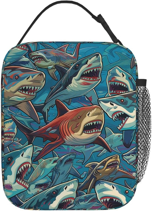 Cool Cartoon Shark Print Insulated Lunch Box Gifts for Kids Adults Colorful Marine Life Design Reusable Portable Lunchbox Cooler Lunchbag for Work Picnic School Travel or Hiking