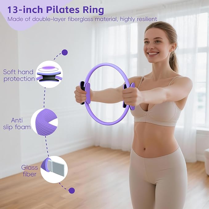 KABCON Pilates Equipment Essentials Set for Women at Home with Complete User Guide,13” Pilates Ring,9.8” Exercise Ball,Resistance Bands,Yoga Socks,Yoga Strap,13/14/16-Pcs Starter Workout Set