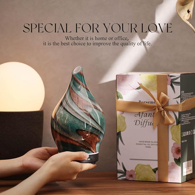 Porseme 150ml Essential Oil Diffuser Glass Color Changing Aroma Air Diffusers Aromatherapy Ultrasonic Cool Mist Humidifier 4 Running Hours Waterless Auto-Off for Sleeping Yoga Office Spa (Teal Green)