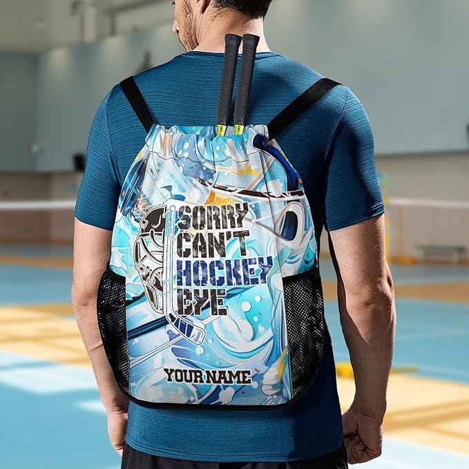 Custom Hockey Drawstring Backpack - Cool Cinch Sack, String Backpacks with Pocket for Kids Women Men Boys Girls for Gym Outdoor Sports Travel Athletic Drawstring Bag - Lightweight/Foldable
