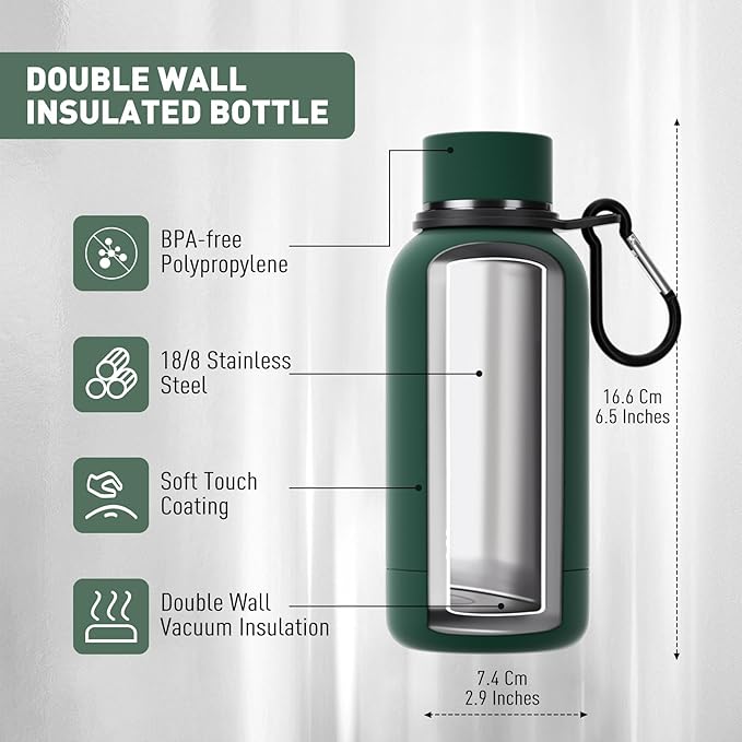 Small Water Bottle 12oz with Clip, Double Wall Stainless Steel Vacuum Small Insulated Water Bottle Keeps Drinks Cold 24 Hrs/Hot 12 Hrs for Kids Handbag School BPA Free (Emerald Green)