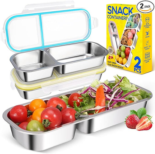 2Pack Stainless Steel Snack Containers for Kids Adults, Reusable 2 Compartment Snackle Box Container with Leakproof Lids Metal Bento Lunch Boxs Food Storage Containers for Travel Picnics Office School