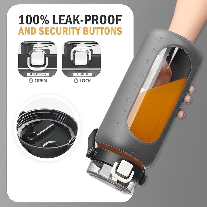 BLUEGO 64oz Glass Water Bottles with Straw Time Marker Half Gallon Large Motivational Water Bottle with Silicone Sleeve 2 Liter Large Glass Water Jug for Gym, Sports& Workout, Daily, Dark Grey