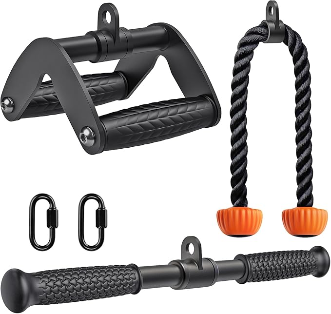 SELEWARE Triceps LAT Pulldown Attachments Home Gym Workout Accessories with Non-Slip Soft Rubber Grip Cable Machine Attachments Triceps Rope Double D Row Handle Pull Down Bar Straight Bar Exercise