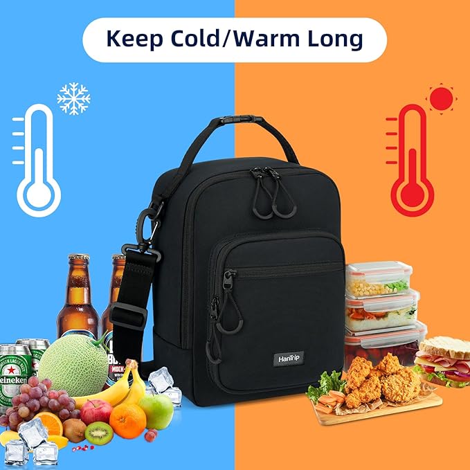 Insulated Lunch Bag with Adjustable Shoulder Strap, Lunch Box for Women Men, Reusable Portable Lunchbox for Office Work Picnic (Black)