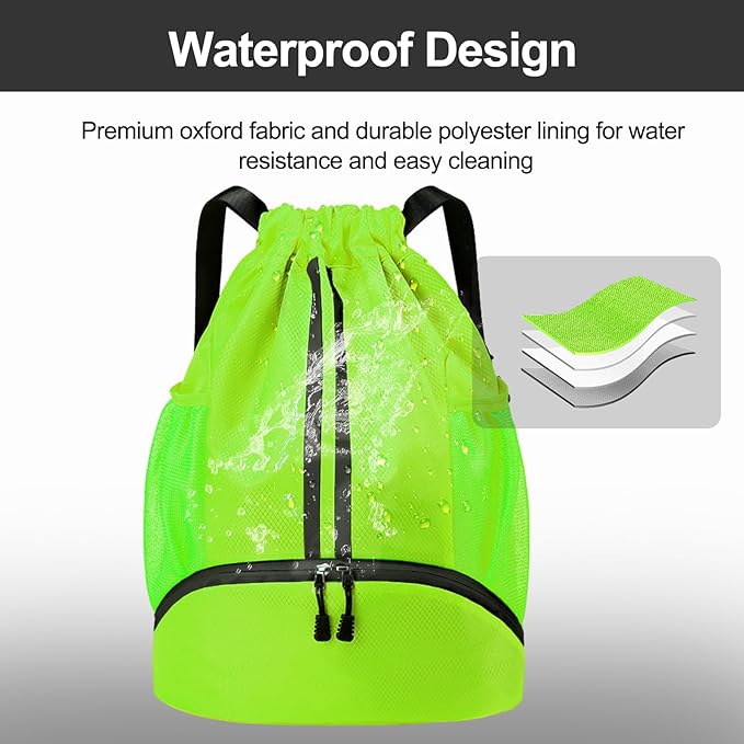 Hoedia Sports Drawstring Backpack - String Swim Gym Bag with Shoes Compartment and Wet Proof Pocket for Women&Men (Green)