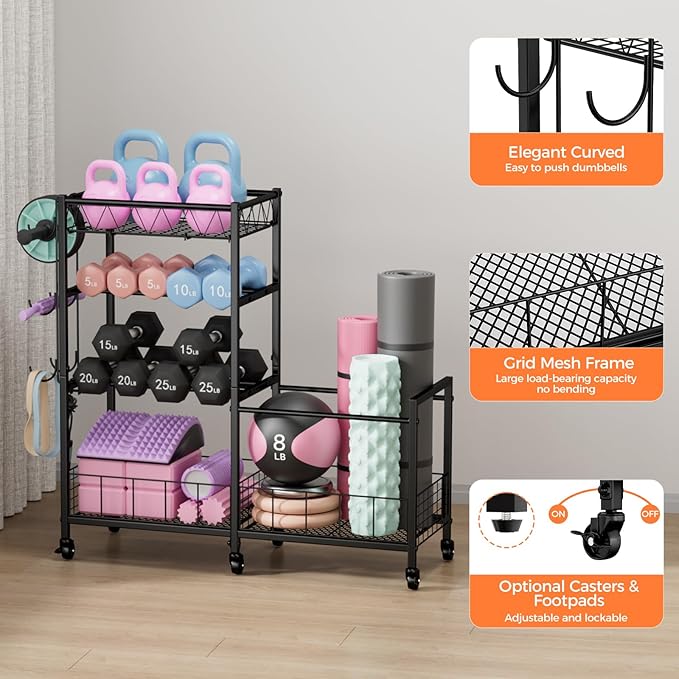 4-Tier Weight Rack Storage for Home Gym, Adjustable Dumbbell Stand Organizer with Wheels, Holds Dumbbells, Kettlebells, Yoga Mats, Fitness Equipment & Workout Accessories