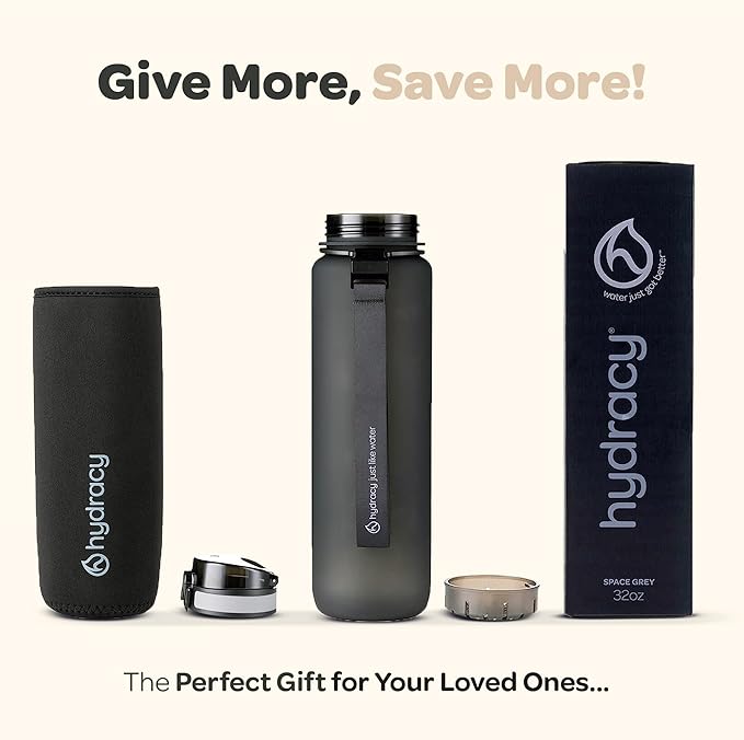 Hydracy Water Bottle with Time Marker -Large BPA Free Water Bottle & No Sweat Sleeve -Leak Proof Gym Bottle with Fruit Infuser Strainer & Times to Drink -Ideal for Fitness Sports & Outdoors