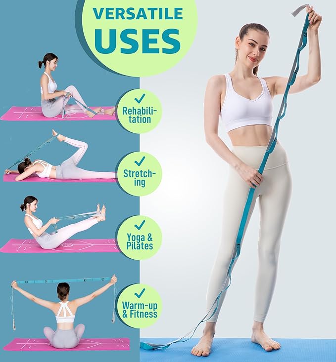 HiRui Stretching Strap Yoga Strap with Door Anchor, 14-Loops Non-Elastic Stretch Straps for Physical Therapy, Pilates, Dance, Gymnastics | Stretch Band with Workout Guide for Women & Men