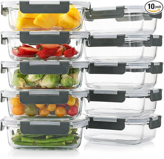 10 Pack 22 Oz Glass Meal Prep Containers with Lids, Reusable Glass Food Storage Containers with Lids, Leak Proof, Microwave, Oven, Freezer and Dishwasher Safe (Gray)