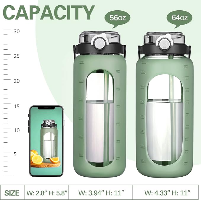 BLUEGO 64oz Glass Water Bottles with Straw Time Marker Half Gallon Large Motivational Water Bottle with Silicone Sleeve 2 Liter Large Glass Water Jug for Gym, Sports& Workout, Daily, Olive
