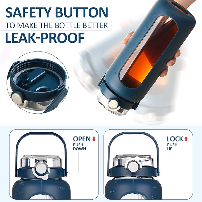 BLUEGO 64oz Glass Water Bottles with Straw Time Marker Half Gallon Large Motivational Water Bottle with Silicone Sleeve 2 Liter Large Glass Water Jug for Gym, Sports& Workout, Daily, Dark Blue