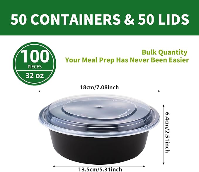 Round Meal Prep Containers with Lids, 50 Pack 32oz (100-Piece) Disposable Leakproof Take Out Food Storage Containers, Plastic To Go Lunch Boxes, BPA Free, Microwave/Dishwasher/Freezer Safe