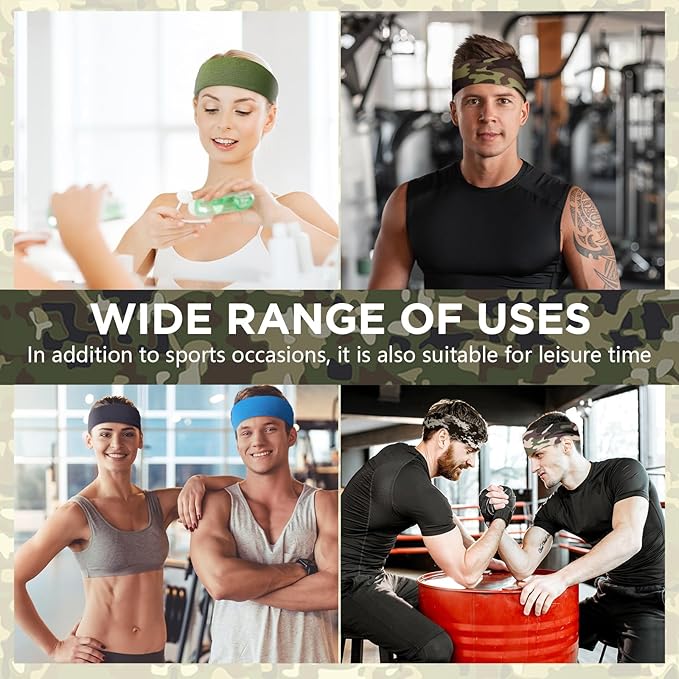 18 Pcs Sports Sweatbands for Men Women Camo Headbands Workout Non Slip Headbands Breathable Head Band Fitness Stretchy Unisex Hairband for Yoga Running Cycling Ball