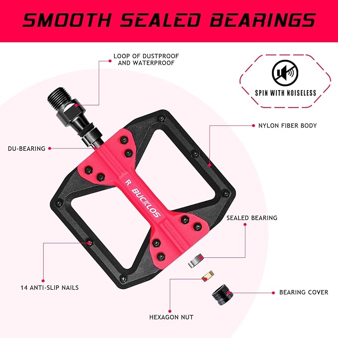 BUCKLOS MTB Flat Pedals Mountain Bike Pedals, 3 Bearings CNC Adult Road Bike Pedals, Bicycle Platform Aluminum Alloy Non-Slip Pedal for Gravel Bike/BMX 9/16"(Black)