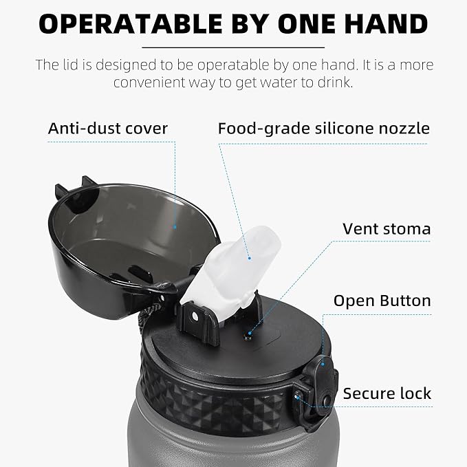 Fanhaw 32 Oz Stainless Steel Insulated Sports Water Bottles with Straw for Kids, Men and Women (Gray)