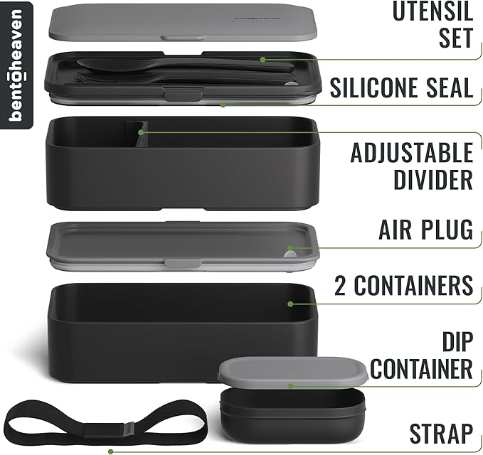 Bentoheaven Premium Bento Box Adult Lunch Box with Compartments for Women & Men, Set of Utensil & Chopsticks & Dip Container, Cute Japanese Kids Bento Lunch Box, Microwavable (Whispering Gray)