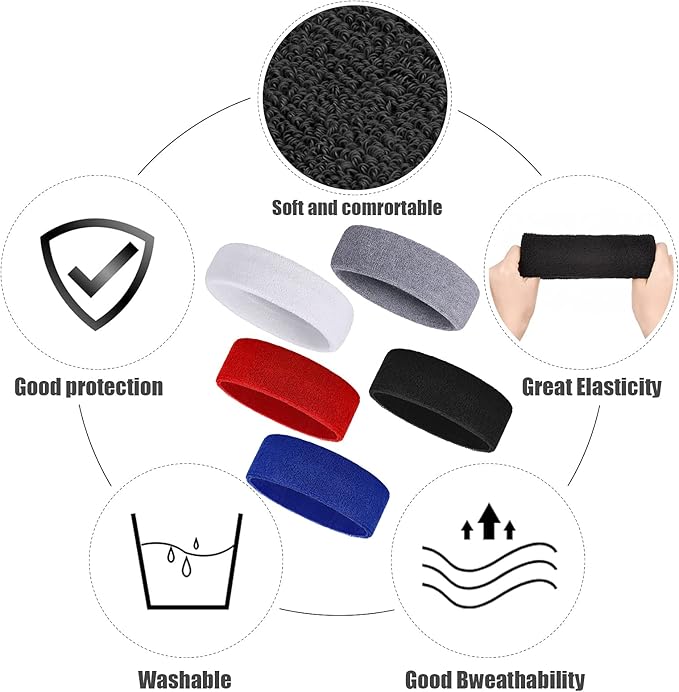 Bememo 12 Pcs Sweatbands Sport Headbands for Men & Women Basketball Headband Sport Competitions Sweat Headbands Running Terry Cloth Moisture Wicking for Yoga,Tennis,Gym,Exercise
