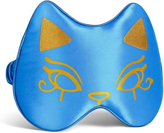 Silk Sleep Mask Blindfold Eye Mask for Sleep Cute Cat Print Embroidered Eye Cover Adjustable Oversized Egyptian Bastet with Gift Box&Pouch（Nefertari Blue-Adjustable Strap）