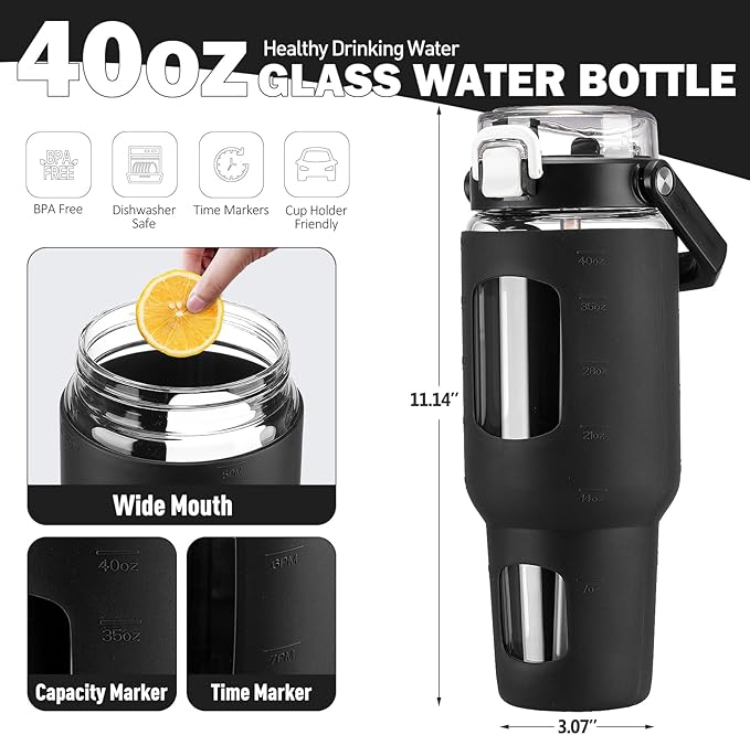 BLUEGO 40 oz Glass Water Bottle with Straw, Leakproof Glass Drinking Bottle with Time Marker and Silicone Sleeve, Wide Mouth Water Bottle for Travel, Gym, Workout, Black