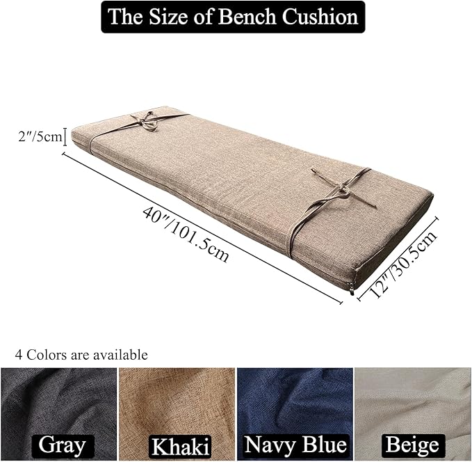 40 x 12 Inch Piano Bench Cushions for Indoor Furniture with Ties Non Slip Kitchen Dining Room Bench seat Cushion for Shoe Storage Ottoman Window Settee pad, Khaki