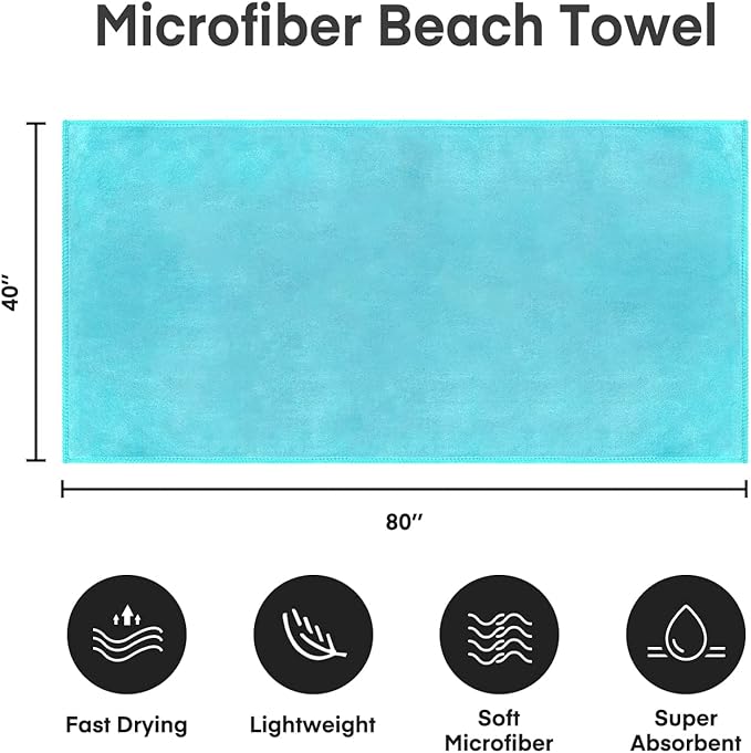 JML Microfiber Bath Towels, Oversized Bathroom Towel 2 Pack 40" x 80", Super Absorbent and Fast Drying, Soft Microfiber Bath Sheet for Beach, Sport, Fitness, Yoga, Aquamarine