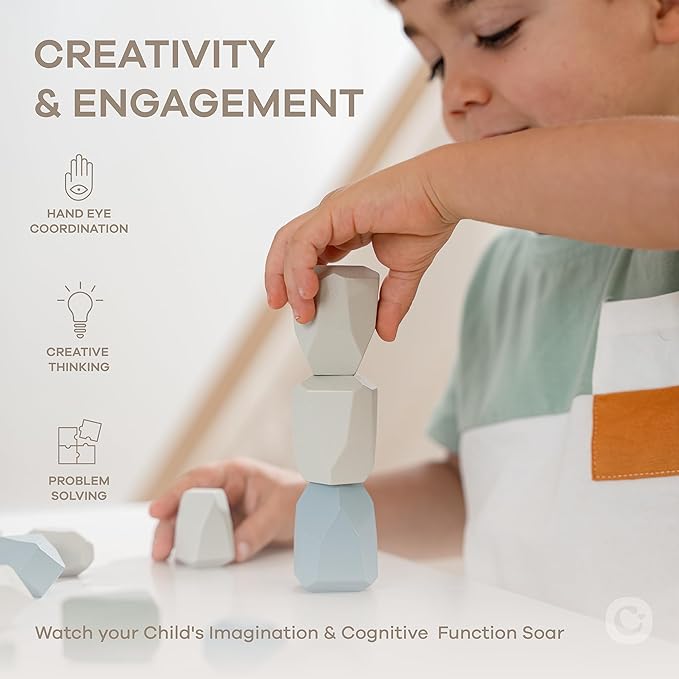 Comfy Cubs Stacking Rocks 36 Pieces, 36 Months+, Educational Toddler Stacking Blocks, Promotes Imagination, Balance & Fine Motor Skills - Wooden Rocks Sensory Toys Gift for Kid, Boy Pack