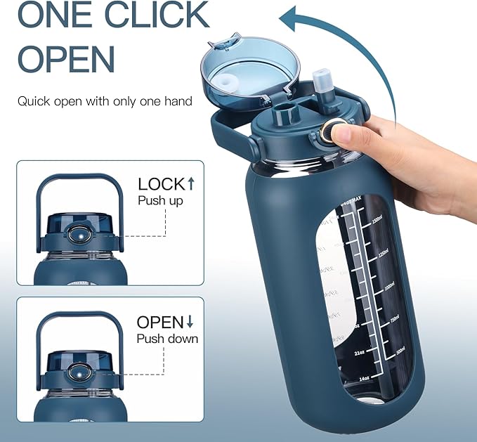 52oz Glass Water Bolttles with Straw Half Gallon Large Motivational Water Bottle