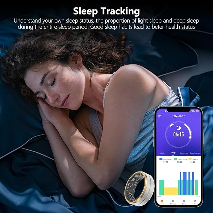 Fitness Tracker Smart Ring,Step Counter,Heart Rate Blood Oxygen Sleep Tracker Health Ring, 6ATM Waterproof Long Battery Life Smart Rings Compatible with iOS & Android （Silver US8-3）