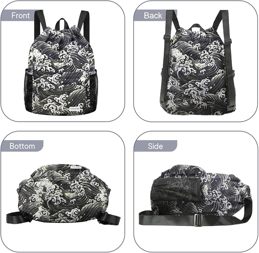 Drawstring Backpack Sports Gym Sackpack with Mesh Pockets Water-Resistant String Cinch Beach Bag for Men Women(Black Waves)