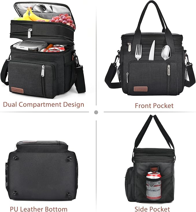 Expandable Lunch Box for Women Men | Adult Lunchbag Cooler Tote Bag with Adjustable Shoulder Strap | Insulated Reusable Womens Lunch Bags for Work Camping Beach | 16L, Black