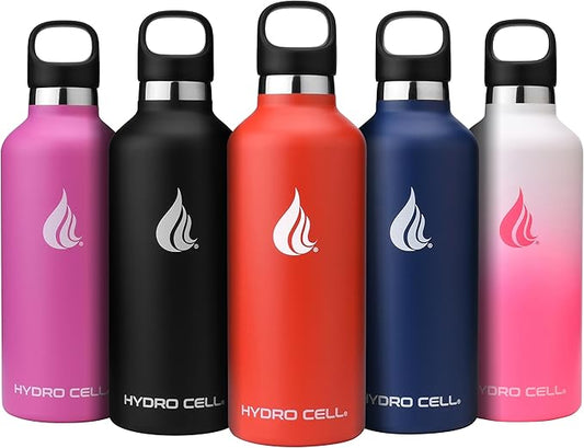 HYDRO CELL Stainless Steel Water Bottle with Straw & 2 Standard Mouth Lids (32oz 24oz 20oz 16oz) Keeps Liquids Hot or Cold w/Double Wall Vacuum Insulated Leak Proof Sport Design (Red 32oz)